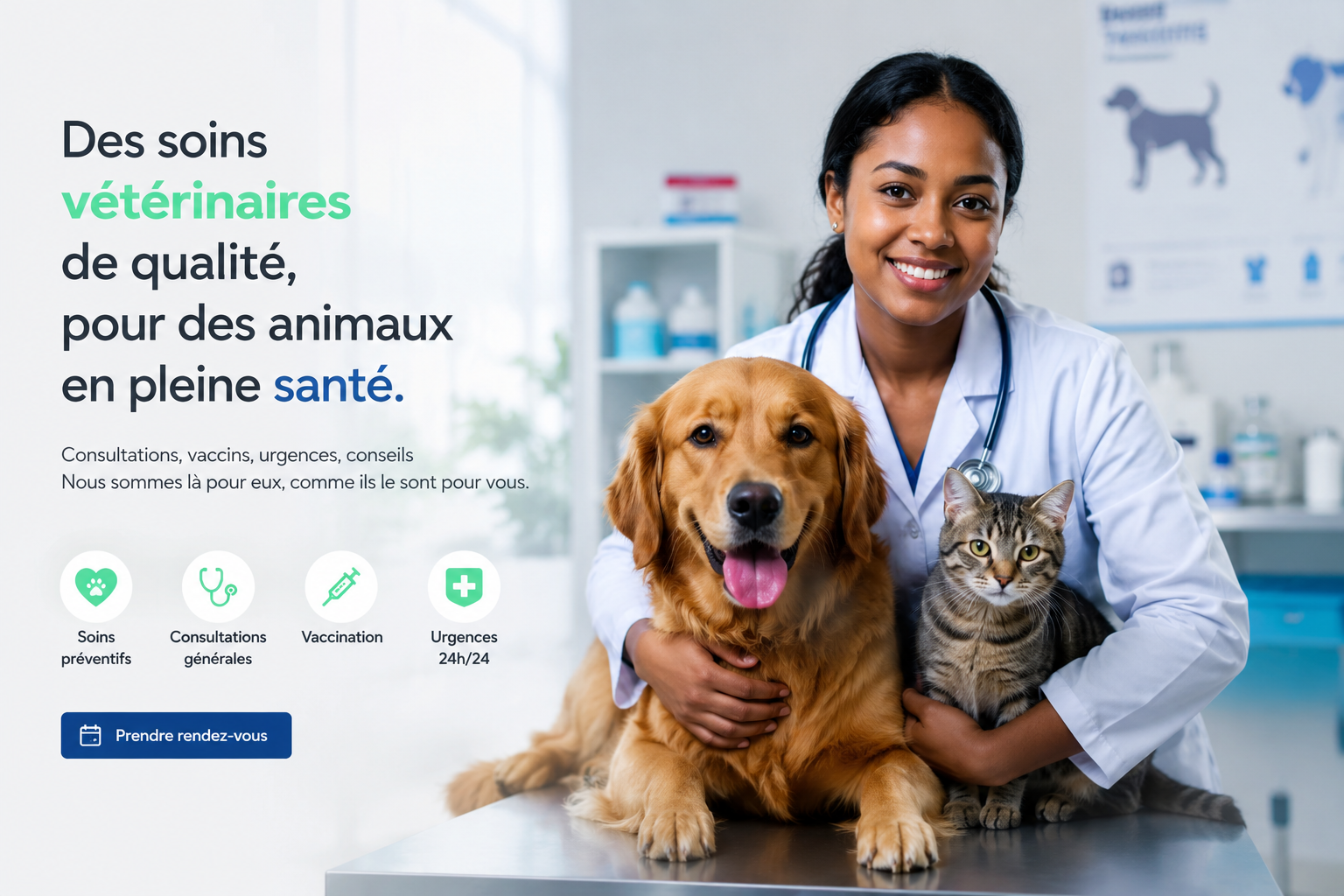 Une vétérinaire du cabinet avec un chien et un chat, en consultation
